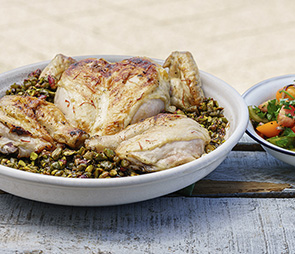 Grilled Saffron Chicken with Marinated Olives & Pistachios