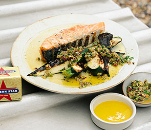 Lemon Butter Salmon with Pistachio + Preserved Lemon Salsa