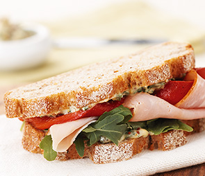 Mustard and Herb Butter, Ham and Roasted Capsicum Sandwiches